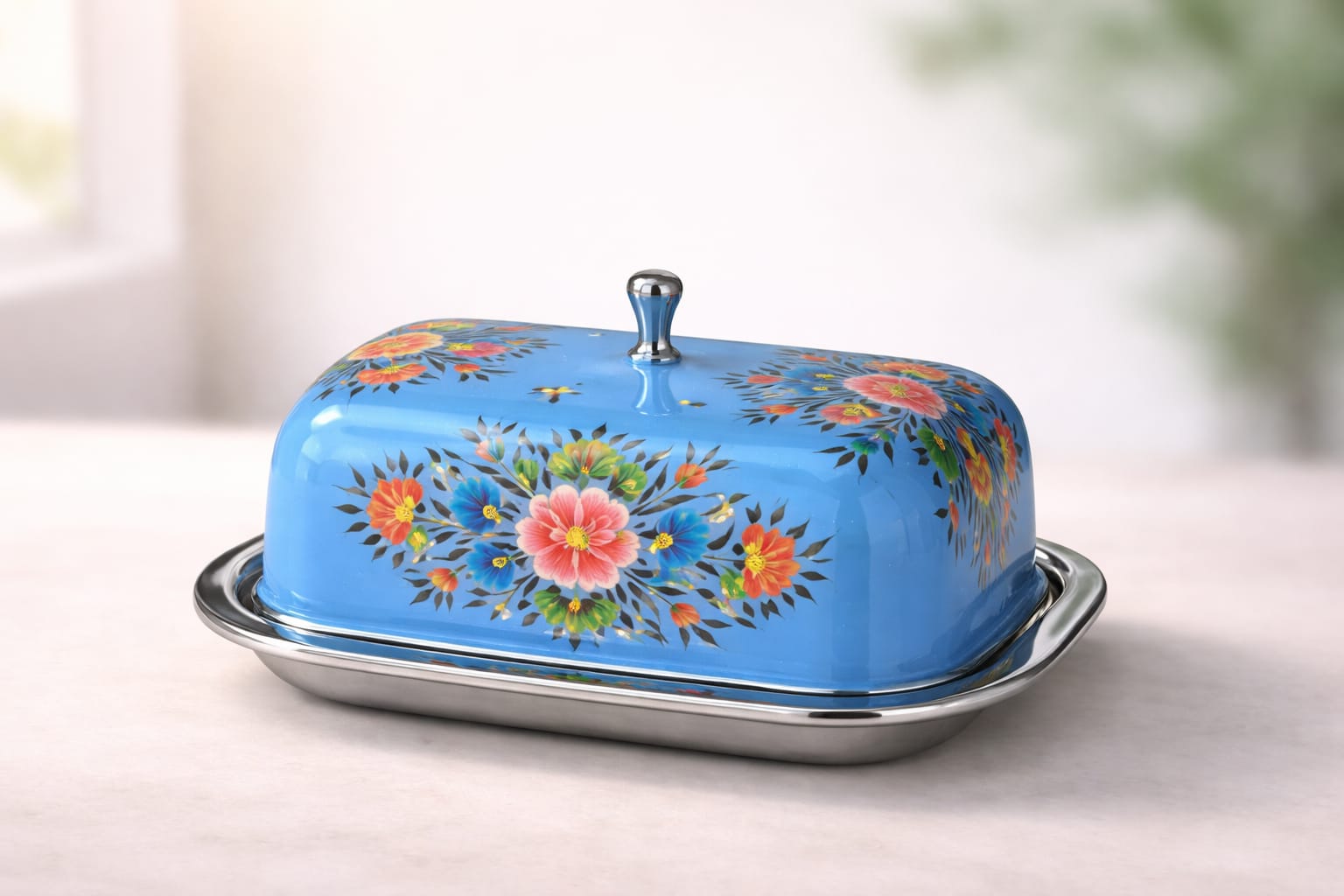 Steel butter box, 4.5"×7" Butter Dish From Kashmir ,stainless steel butter dish, Hand Painted Cheese Dish Holds 1 lb of Butter